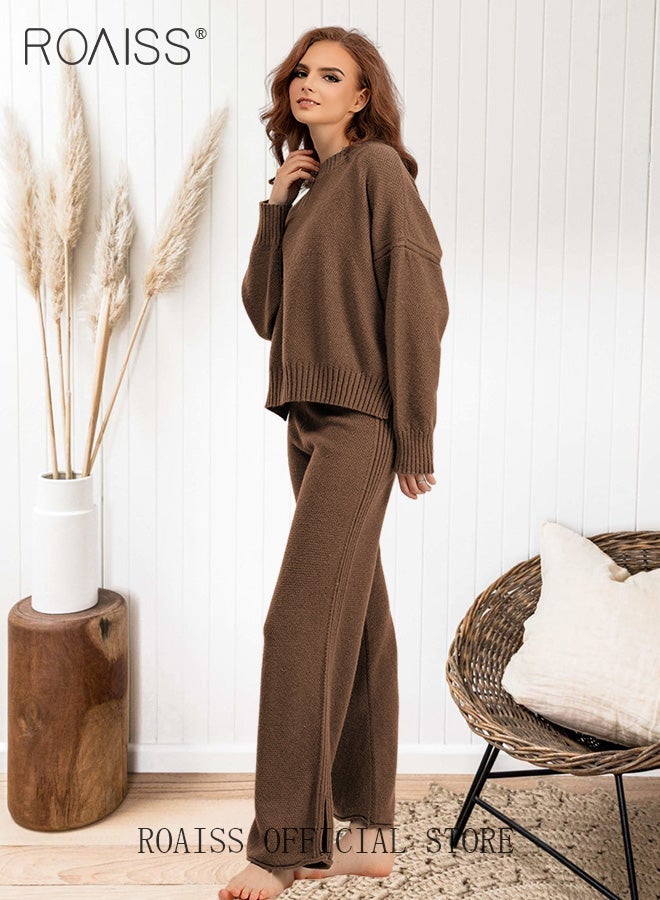 roaiss Women 2 Piece Outfits, Oversized Knitted Suit with Pullover Sweater and Wide Leg Pants, Comfortable Lounge Set for Ladies, Suitable for Daily Wear, Homewear or Any Casual Occasion - Image 3
